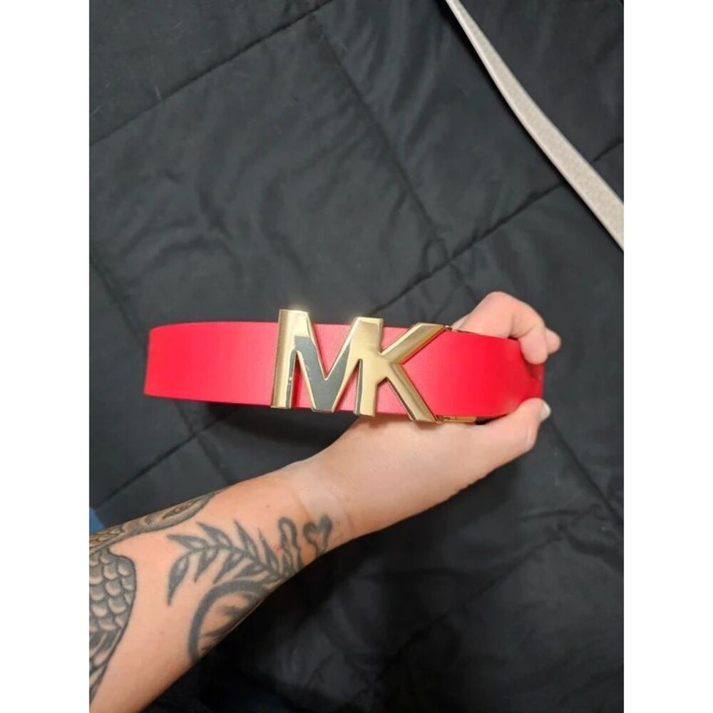 Michael Kors Reversible Belt Red & MK Logo Monogram Gold Tone Buckle